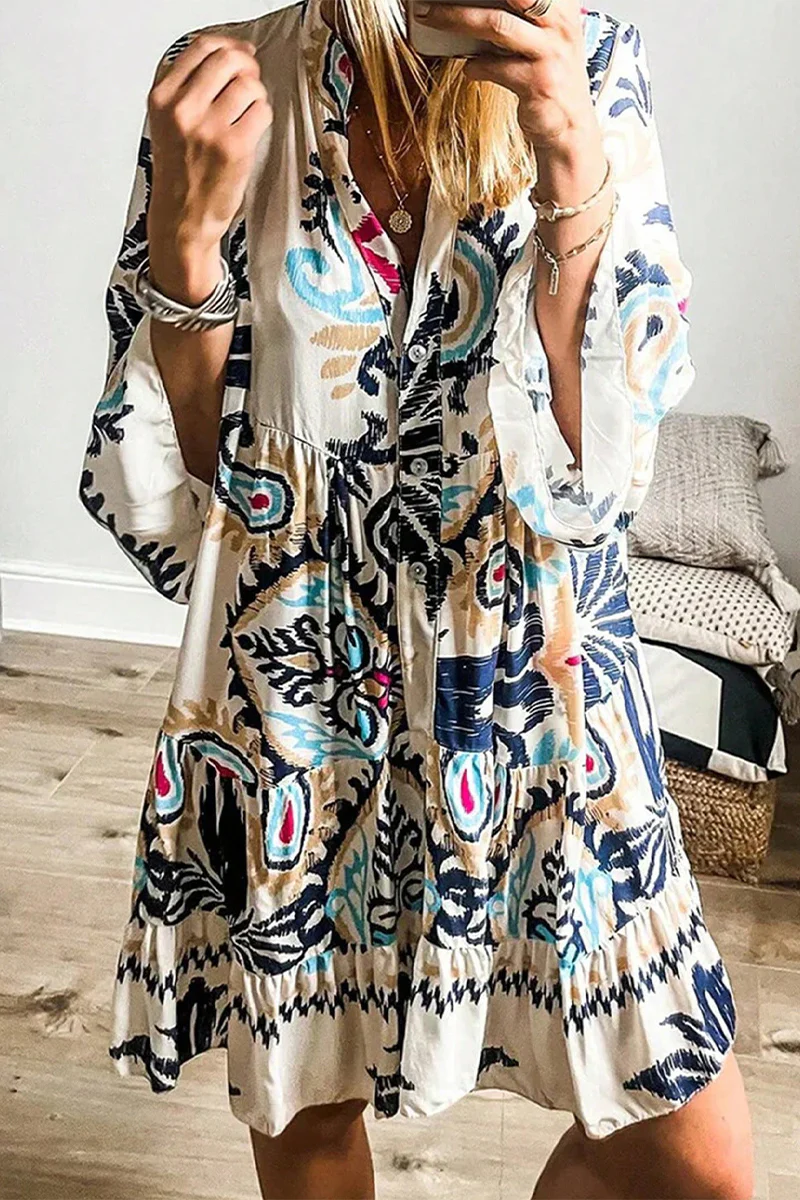 Casual Daily National Totem Print Patchwork Ruffle V Neck A Line Dresses - Panekey