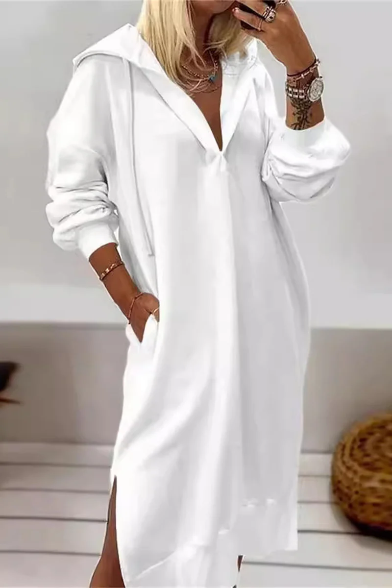 Casual Daily Pocket Slit Hooded Long Sleeve Dresses - Panekey