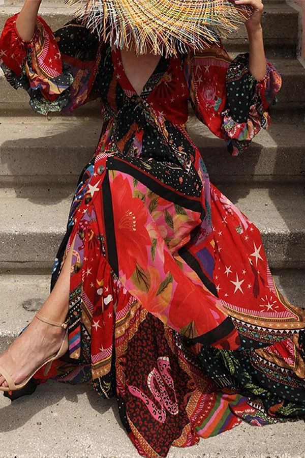 Bohemian Patchwork Buckle Flounce V Neck Dresses - Panekey