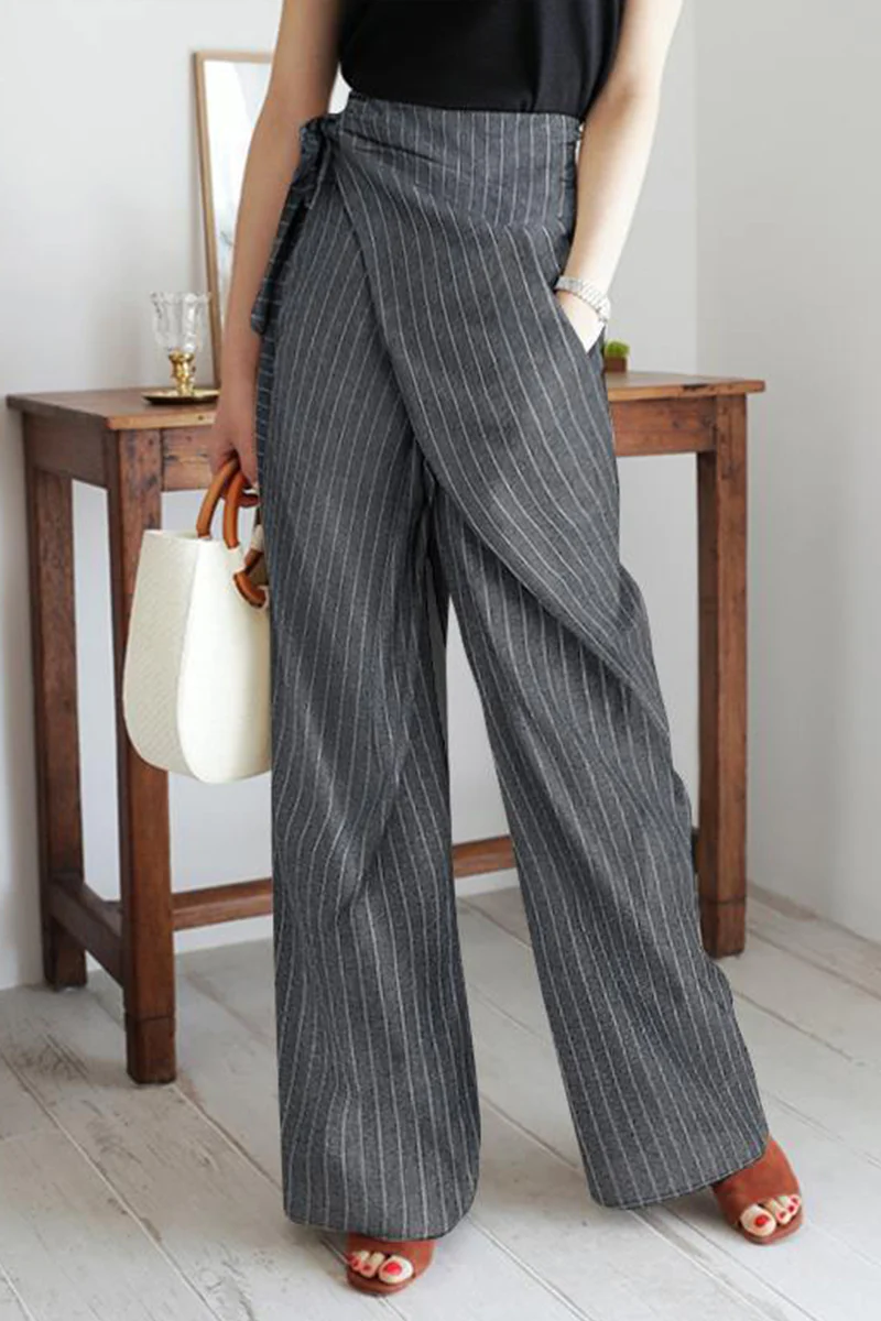 Casual British Style Striped Pocket Frenulum High Waist Wide Leg Full Print Bottoms - Panekey