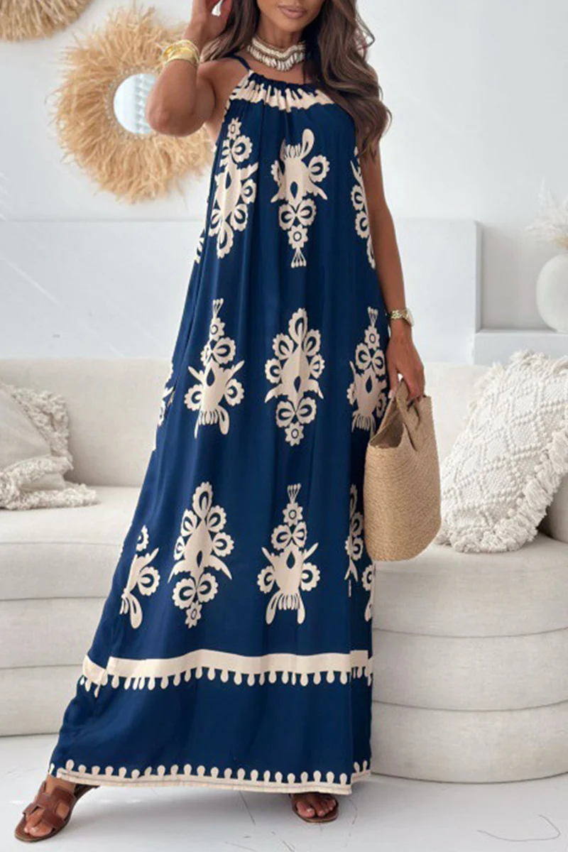 Casual National Totem Print Draw String Square Neck Sling Dresses(4 Colors) - Panekey