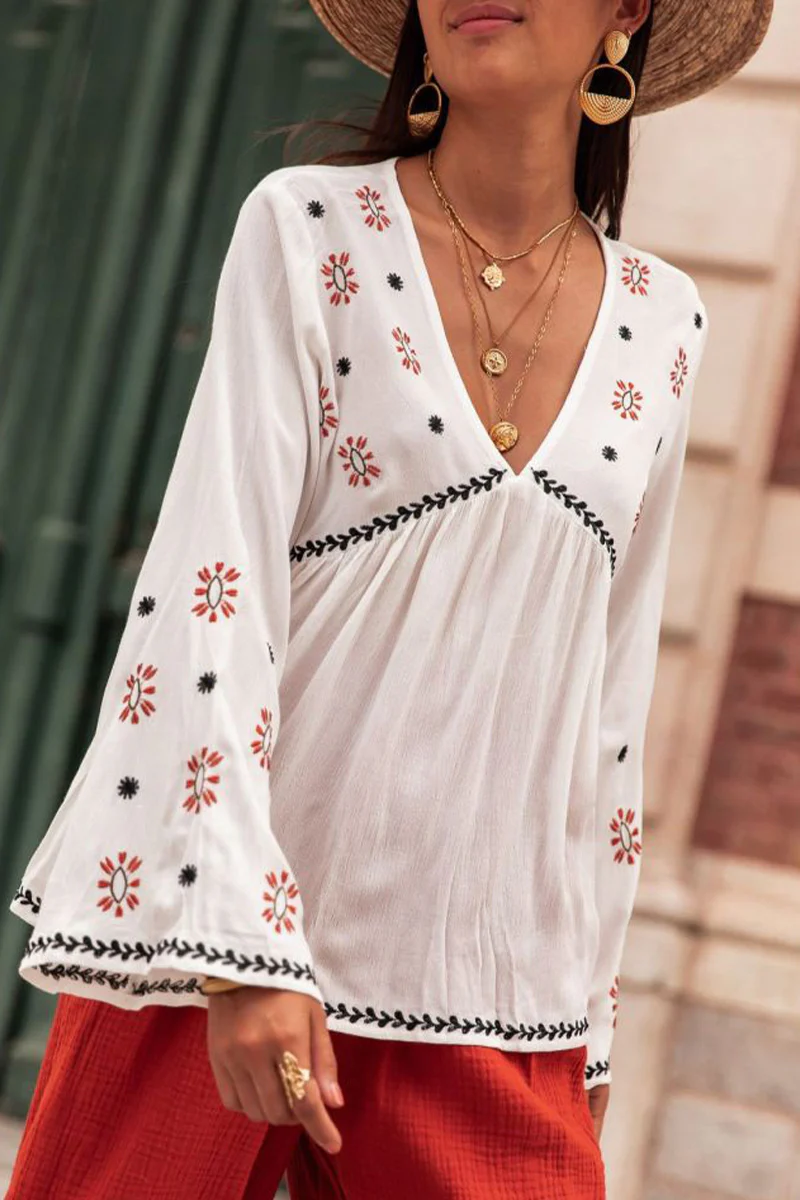 Casual Geometric Print Patchwork V Neck Tops - Panekey