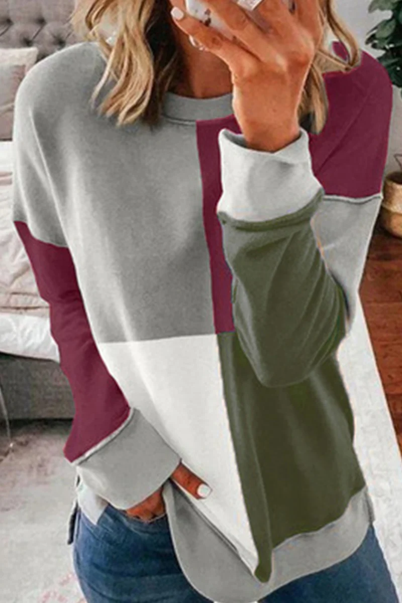 Casual Color Lump Patchwork Contrast O Neck Tops(5 Colors) - Panekey