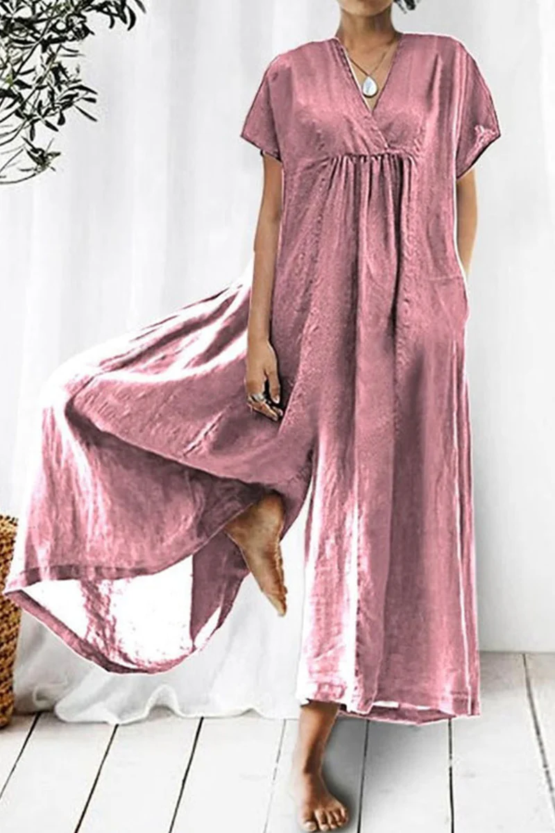 Casual Daily Solid Pocket V Neck Loose Jumpsuits - Panekey