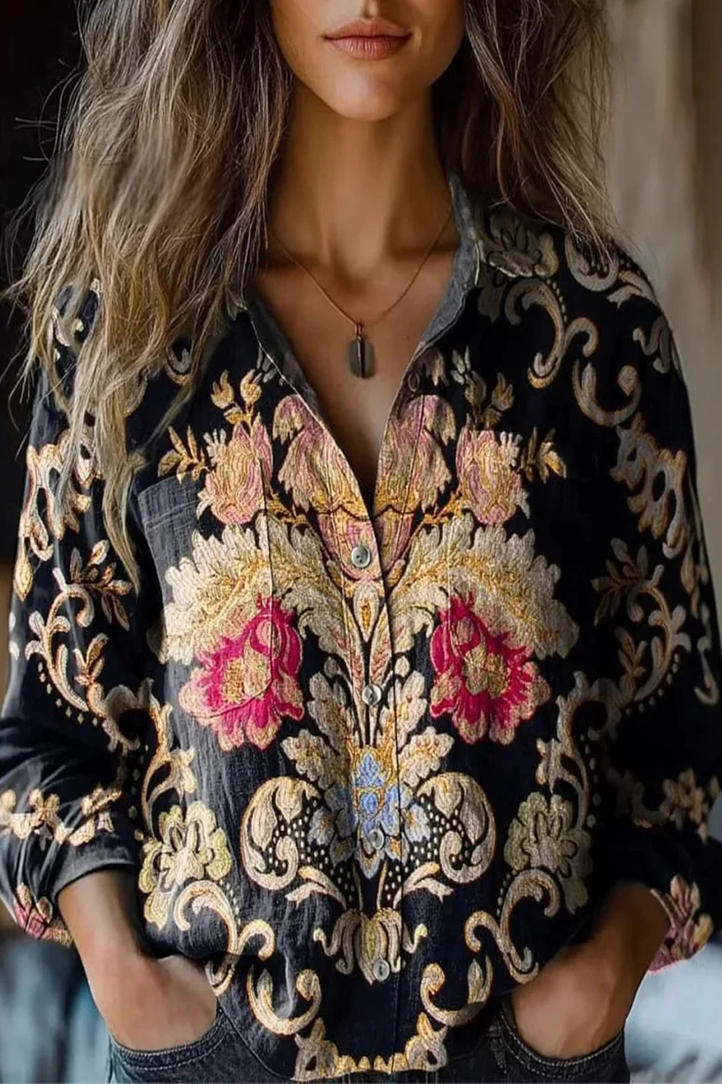 Casual Floral Print Contrast Turndown Collar Blouses(6 Colors) - Panekey