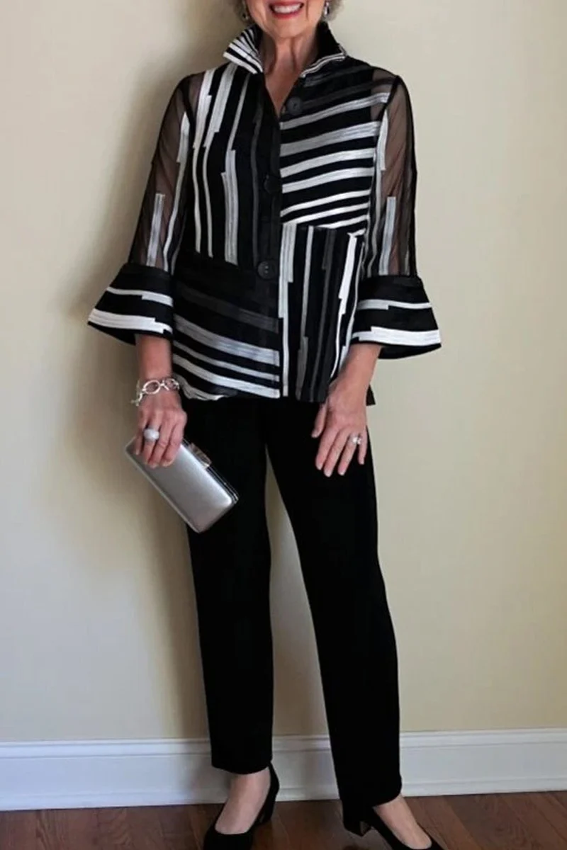 British Style Striped Print Patchwork Turndown Collar Nine Points Sleeve Two Pieces - Panekey