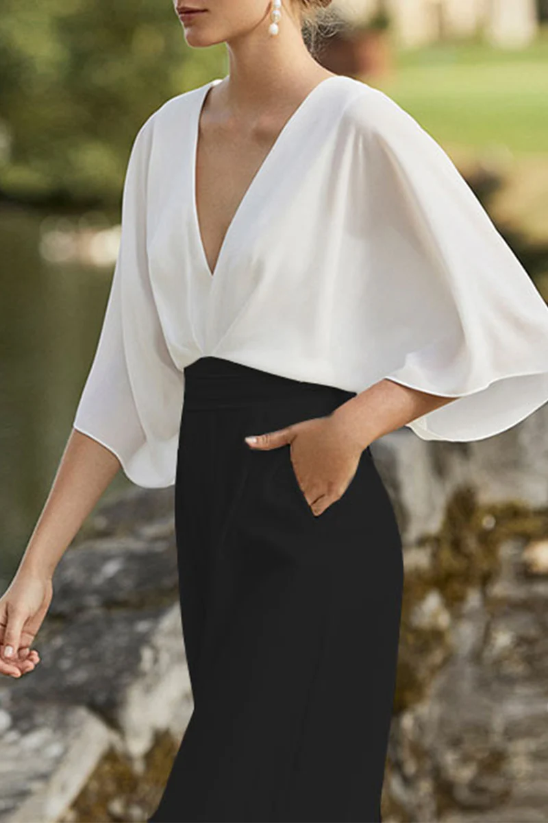 British Style Elegant Color Block Pocket Contrast V Neck Loose Jumpsuits - Panekey