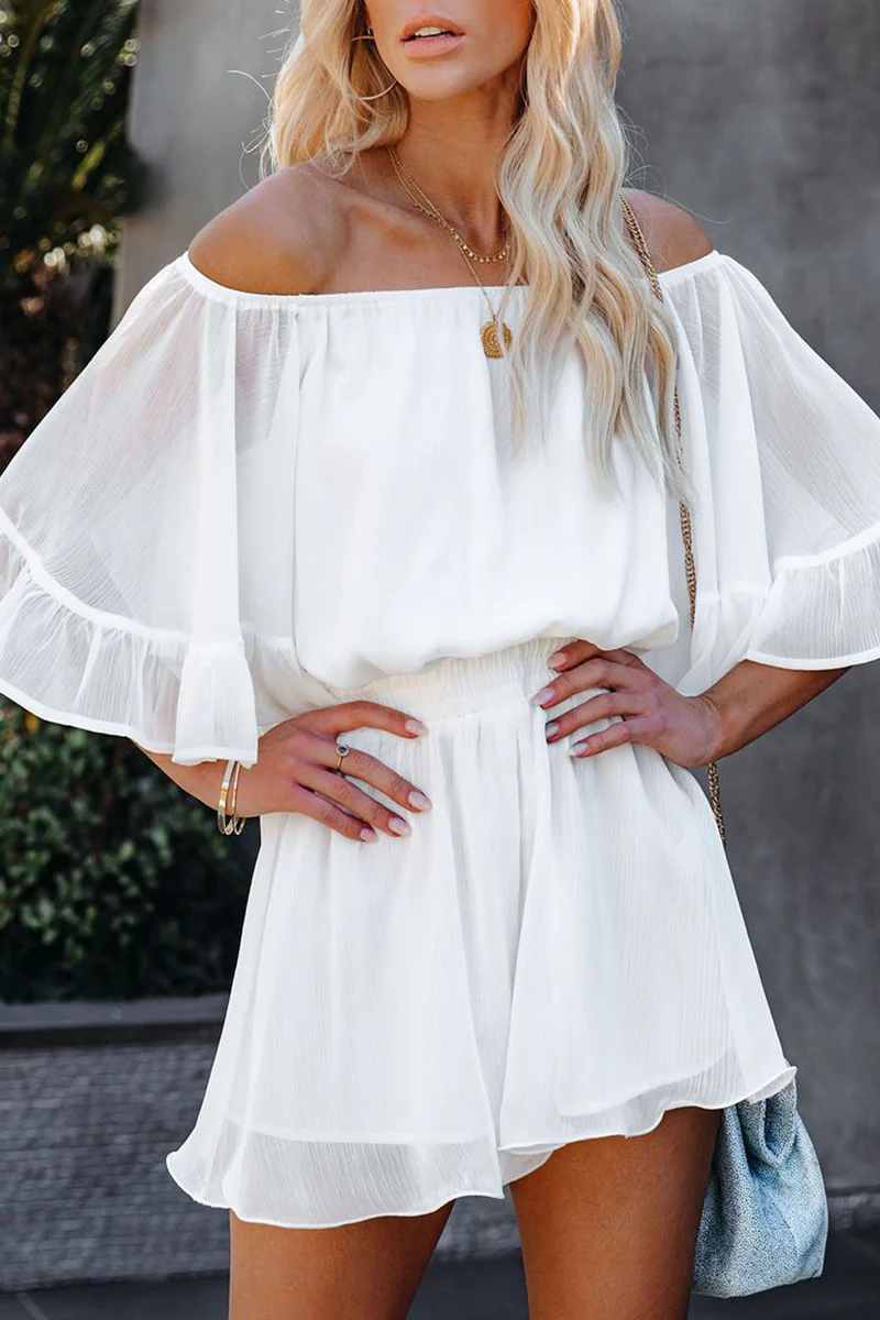 Casual Daily Solid Patchwork Flounce Off the Shoulder Loose Rompers - Panekey