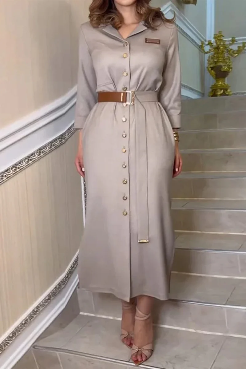 Casual Pocket Buckle With Belt Turndown Collar Shirt Dresses - Panekey