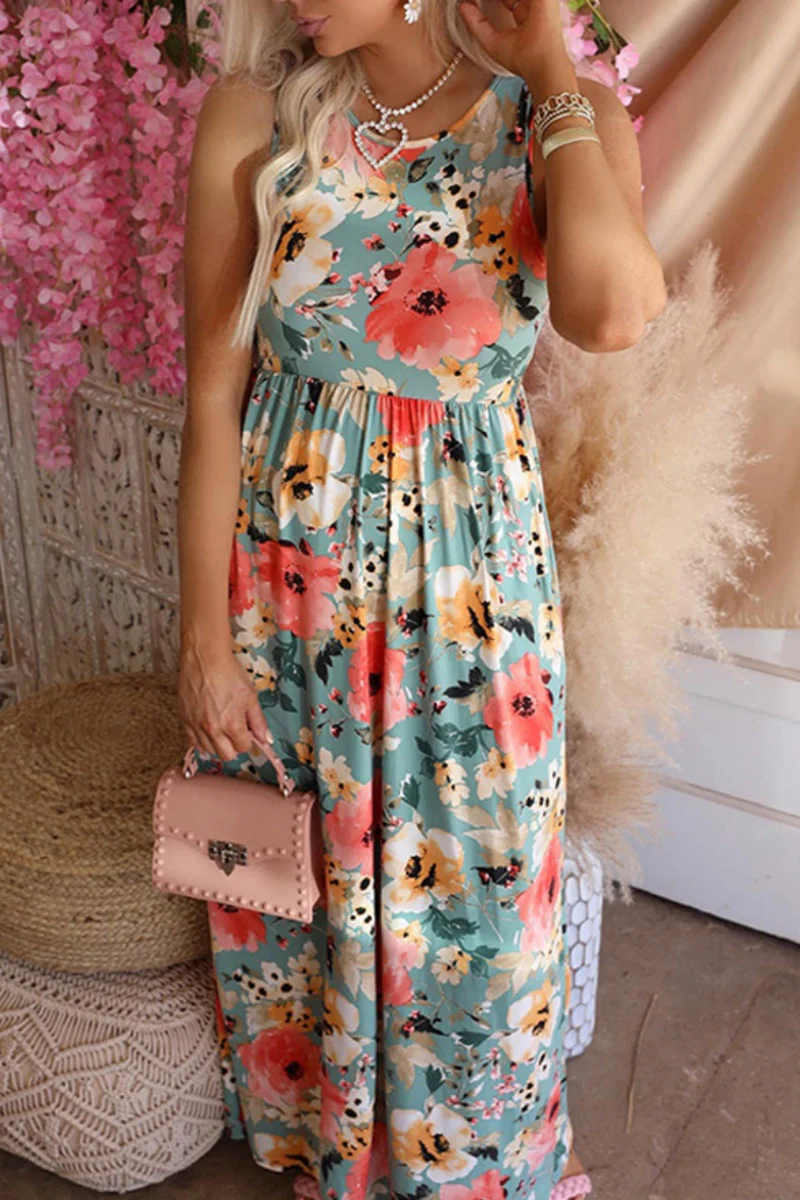 Casual Floral Print Basic O Neck Long Dresses - Panekey