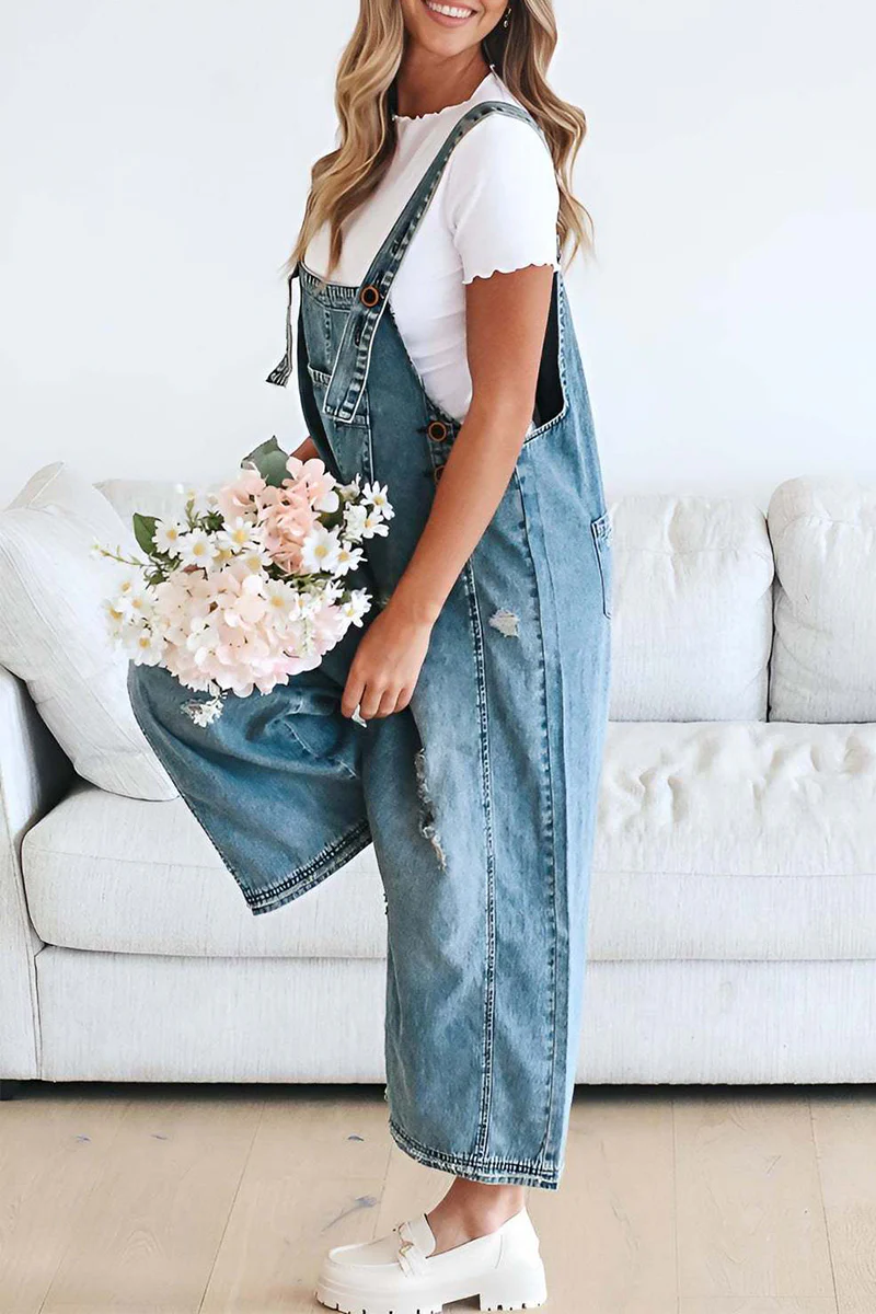 Casual Distressed Buttons Square Neck Sleeveless Loose Denim Jumpsuits - Panekey
