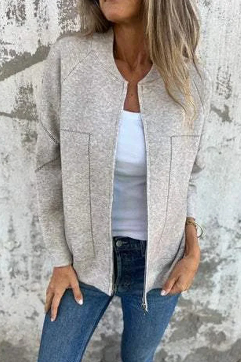 Casual Daily Solid Color Pocket Patchwork Zipper O Neck Outerwear(8 Colors) - Panekey