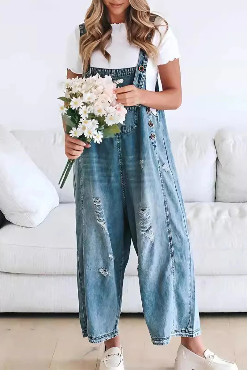 Casual Distressed Buttons Square Neck Sleeveless Loose Denim Jumpsuits - Panekey