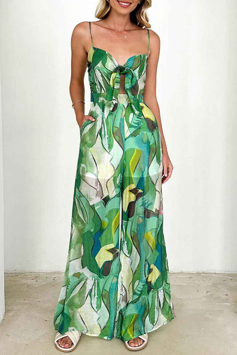 Casual Floral Print Pocket Contrast V Neck Loose Jumpsuits - Panekey