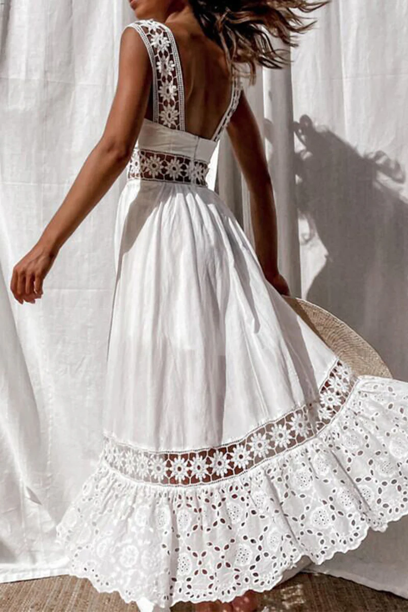 Casual Daily Lace Patchwork Square Neck Sling Dresses - Panekey