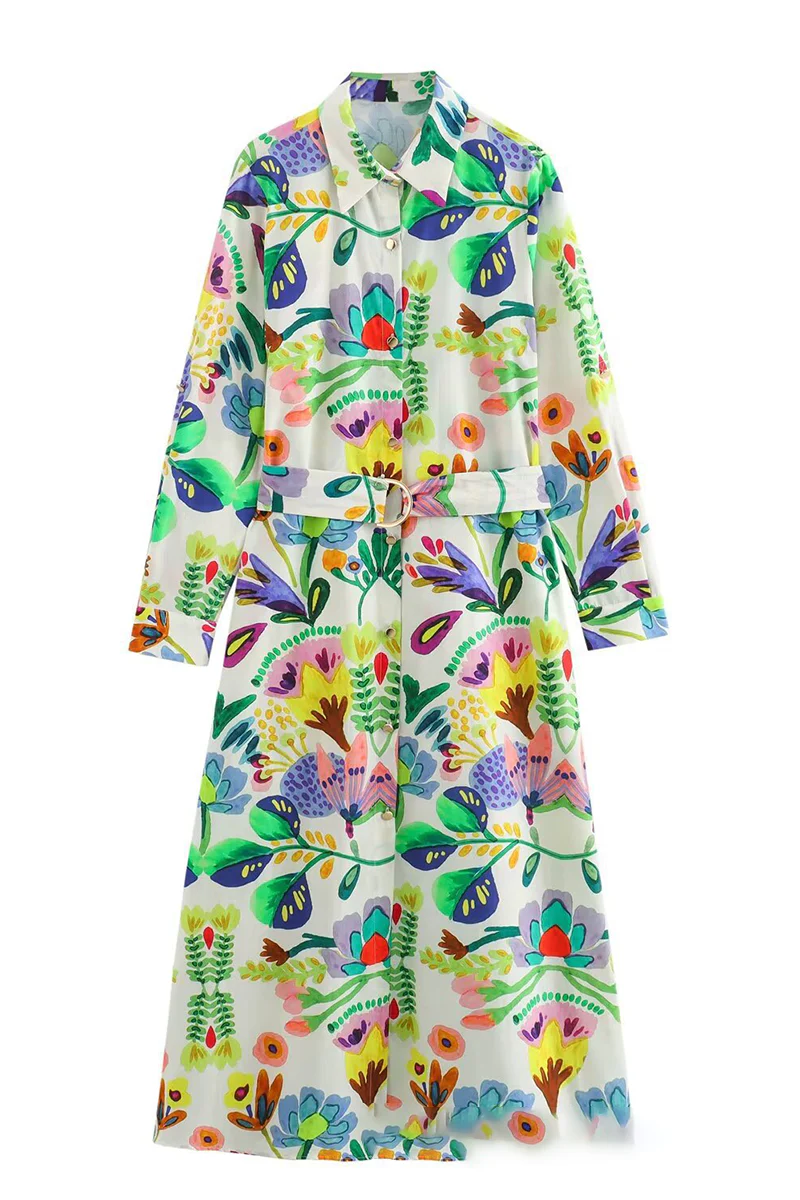 Casual Floral Print Patchwork With Belt Turndown Collar Printed Dresses - Panekey