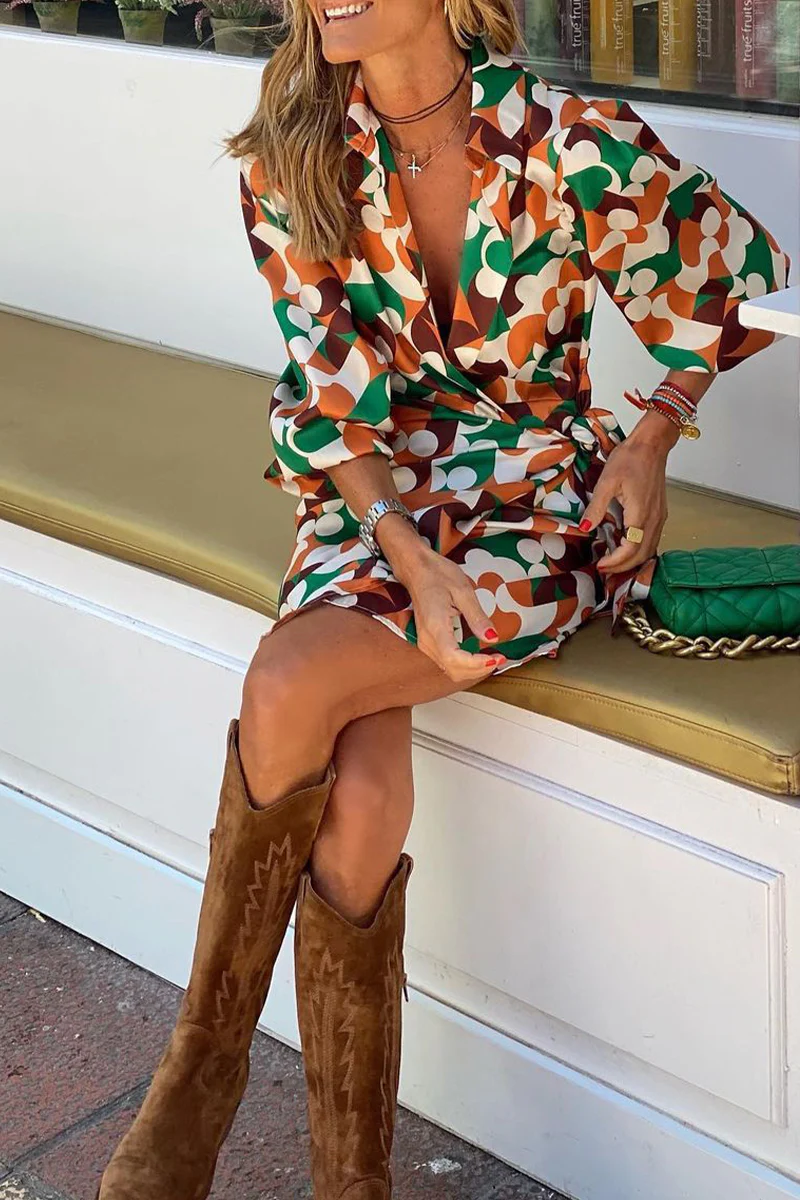 British Style Elegant Geometric Print Frenulum V Neck One Step Skirt Dresses - Panekey