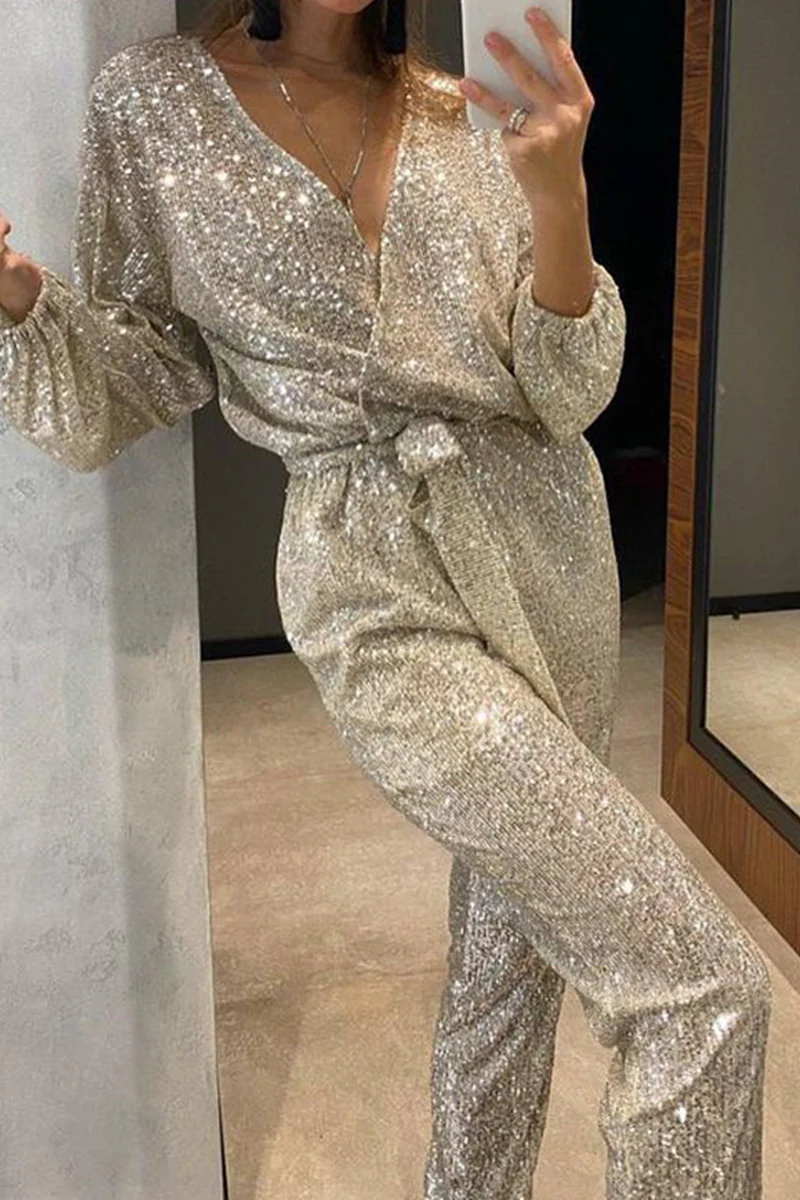 Casual British Style Solid Bandage Sequins Sequined V Neck Regular Jumpsuits - Panekey
