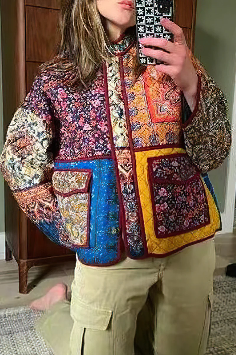 Casual Flowers Pocket Patchwork Contrast Mandarin Collar Outerwear - Panekey