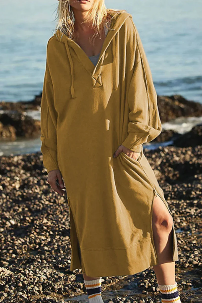 Casual Daily Pocket Slit Hooded Long Sleeve Dresses(4 Colors) - Panekey