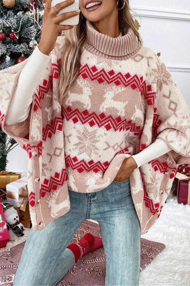 Casual Party Wapiti Snowflakes Weave Contrast Turtleneck Sweaters - Panekey