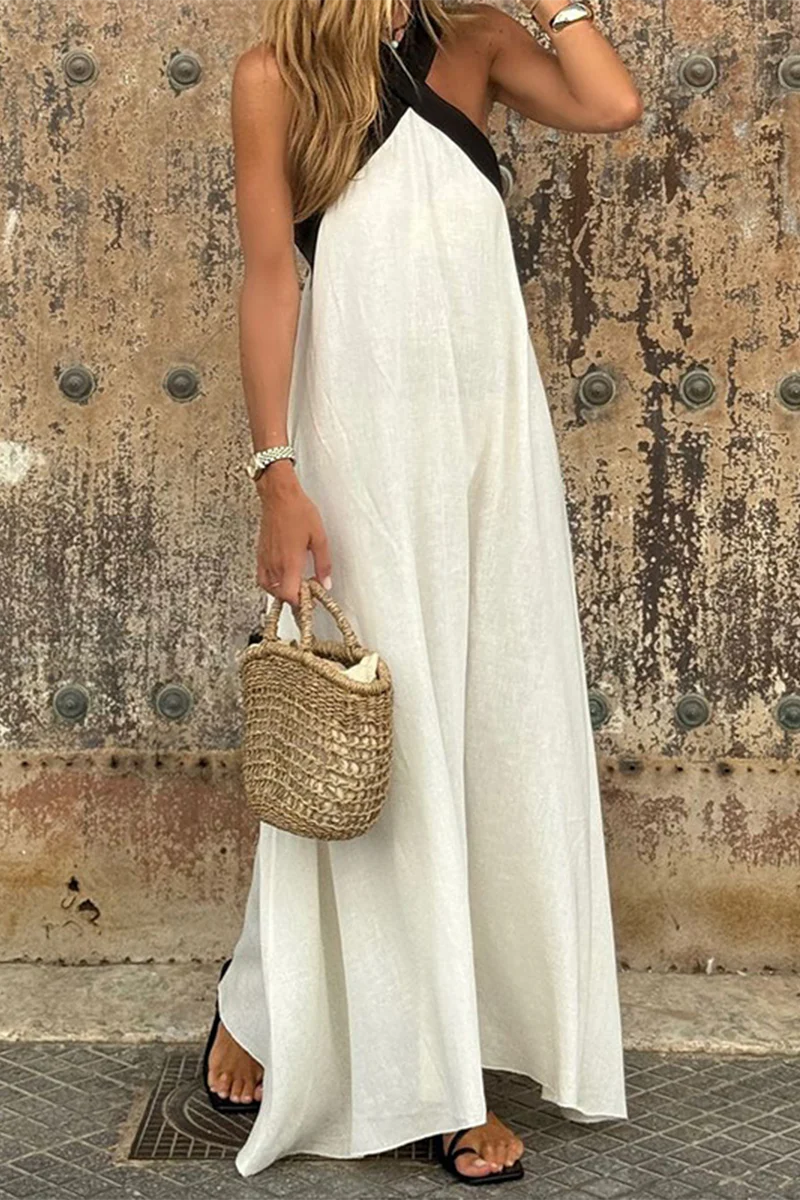 Casual Patchwork Contrast V Neck Sling Dresses - Panekey