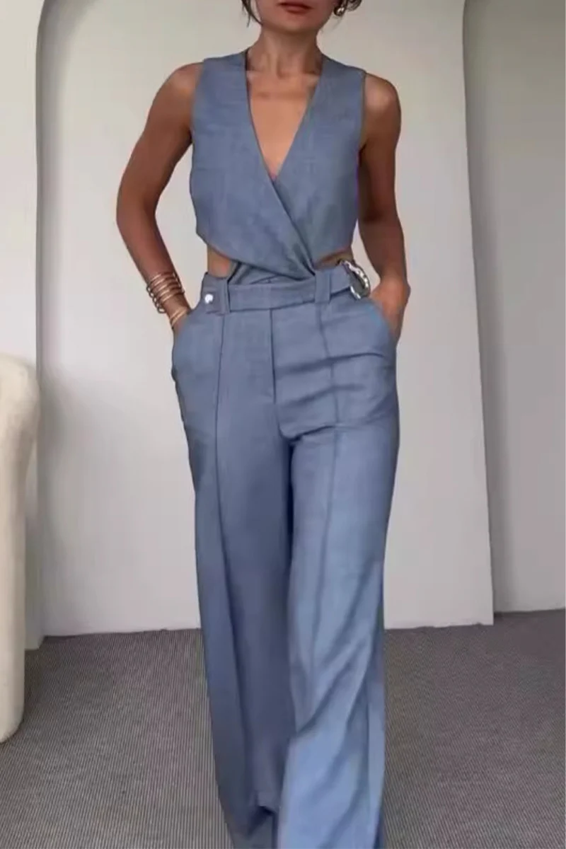 Casual British Style Solid Buttons V Neck Sleeveless Two Pieces - Panekey