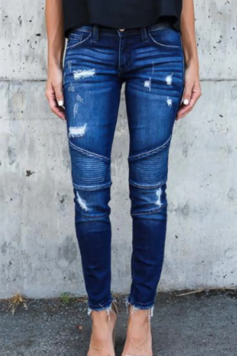 Casual Patchwork Ripped Split Joint Fold Pencil Bottoms - Panekey