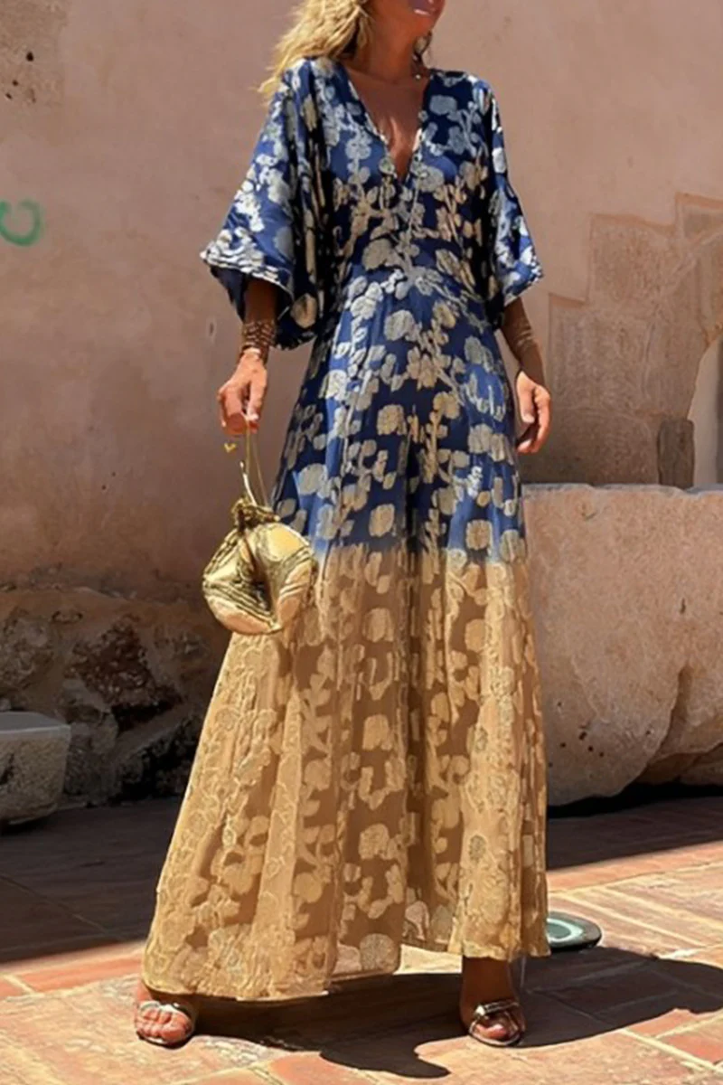 Casual Daily Gradient Print Bronzing Pattern V Neck Loose Jumpsuits - Panekey