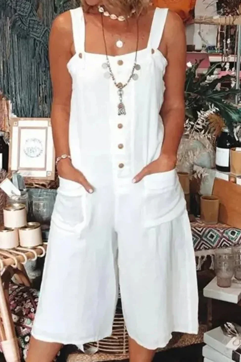 Casual Daily Solid Pocket Buttons Square Collar Loose Rompers - Panekey