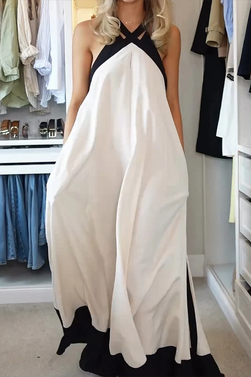 Casual Patchwork Contrast Halter Long Dresses - Panekey