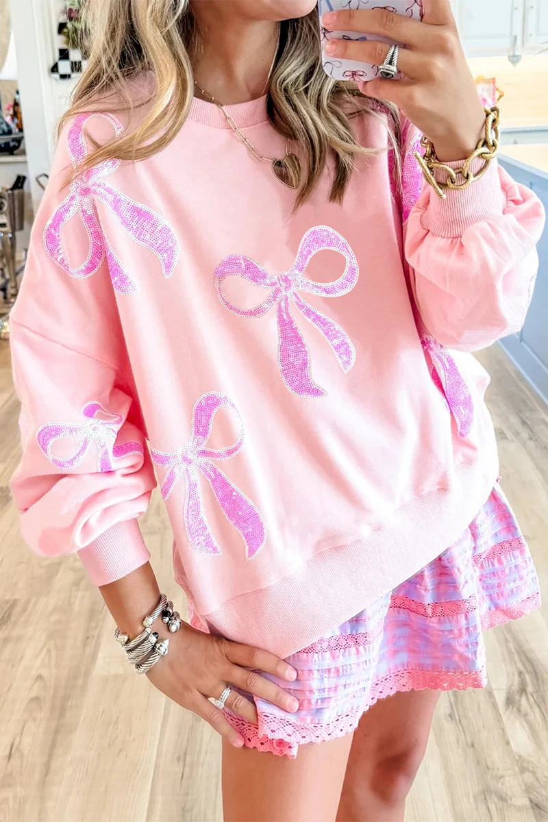 Casual Bow Embroidered Sequins O Neck Sweats - Panekey