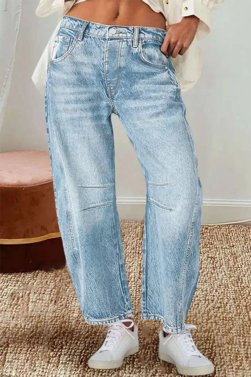 Casual Distressed Contrast Mid Waist Denim Jeans - Panekey