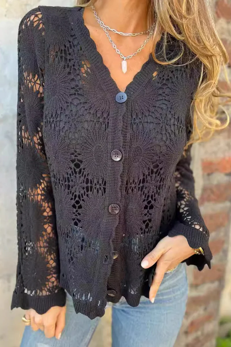Casual Lace Hollow Out Buttons V Neck Blouses(3 Colors) - Panekey
