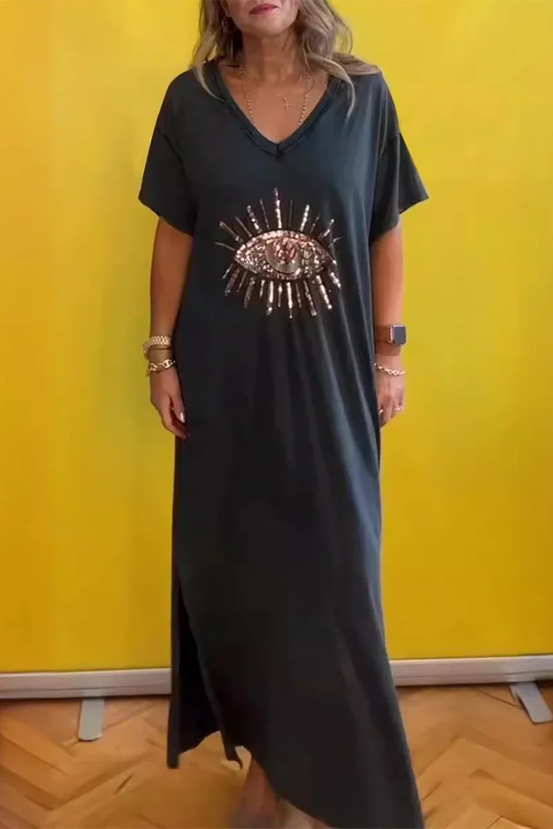 Casual Eyes Print V Neck Short Sleeve Short Sleeve Dress - Panekey