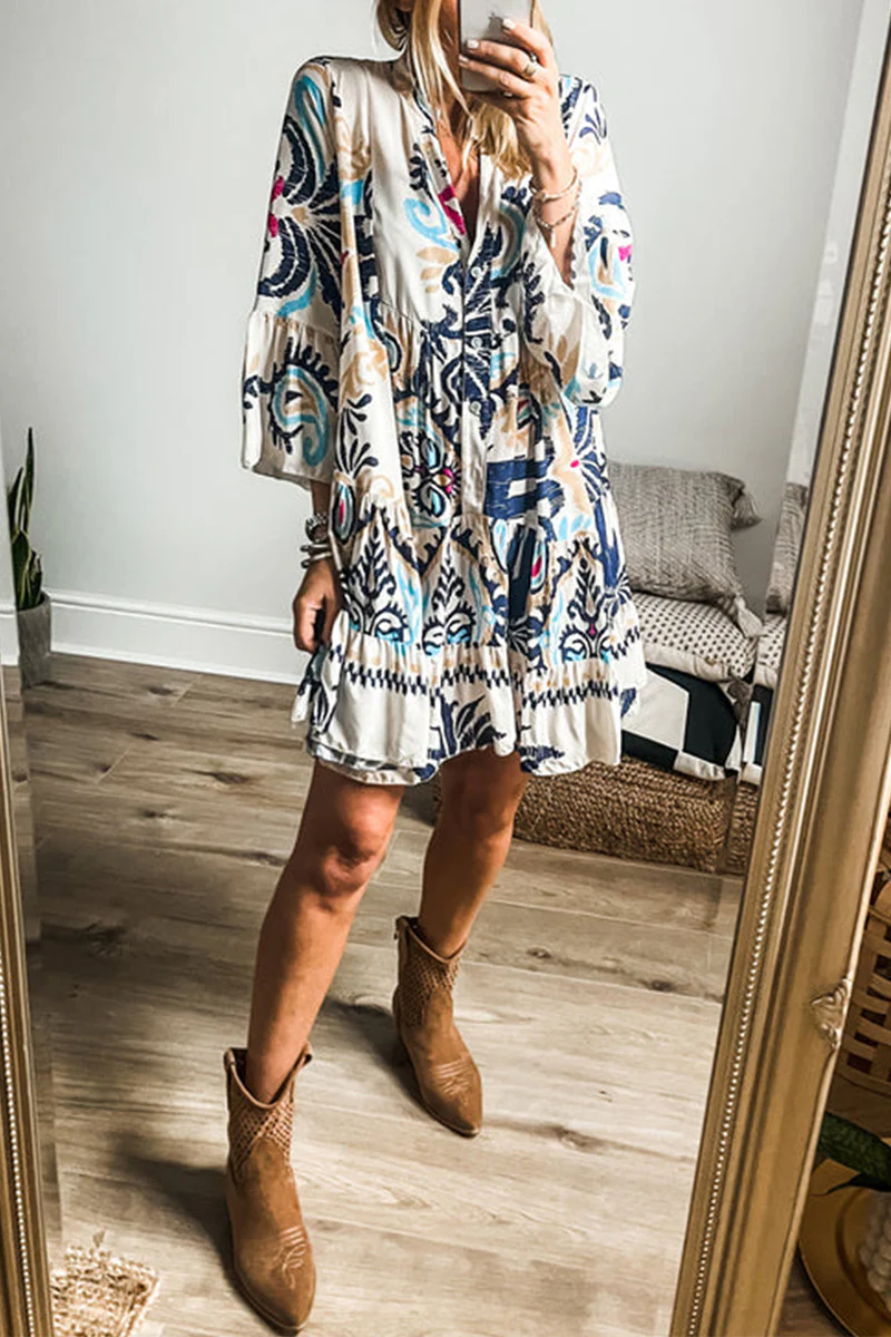 Casual Daily National Totem Print Patchwork Ruffle V Neck A Line Dresses - Panekey