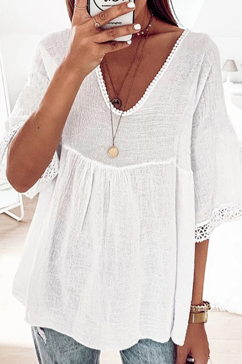 Casual Lace Patchwork V Neck T-Shirts - Panekey