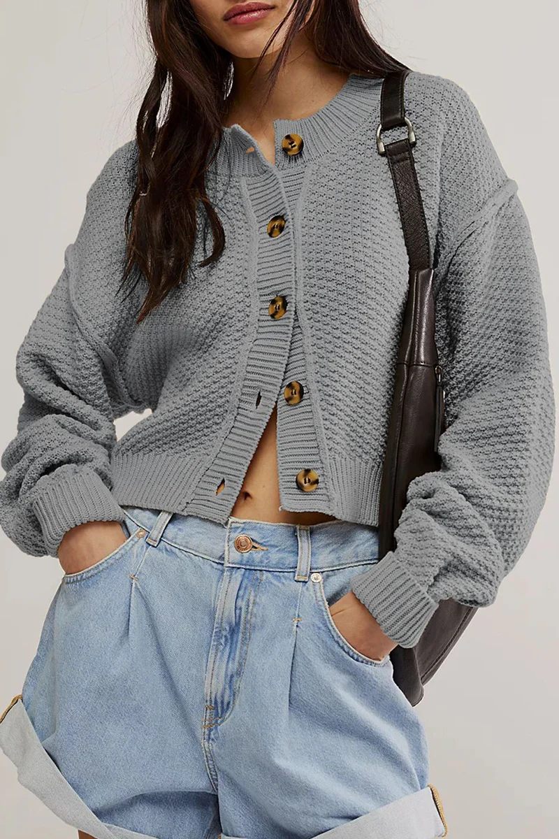 Casual Daily Solid Color Buttons Weave O Neck Outerwear(5 Colors) - Panekey