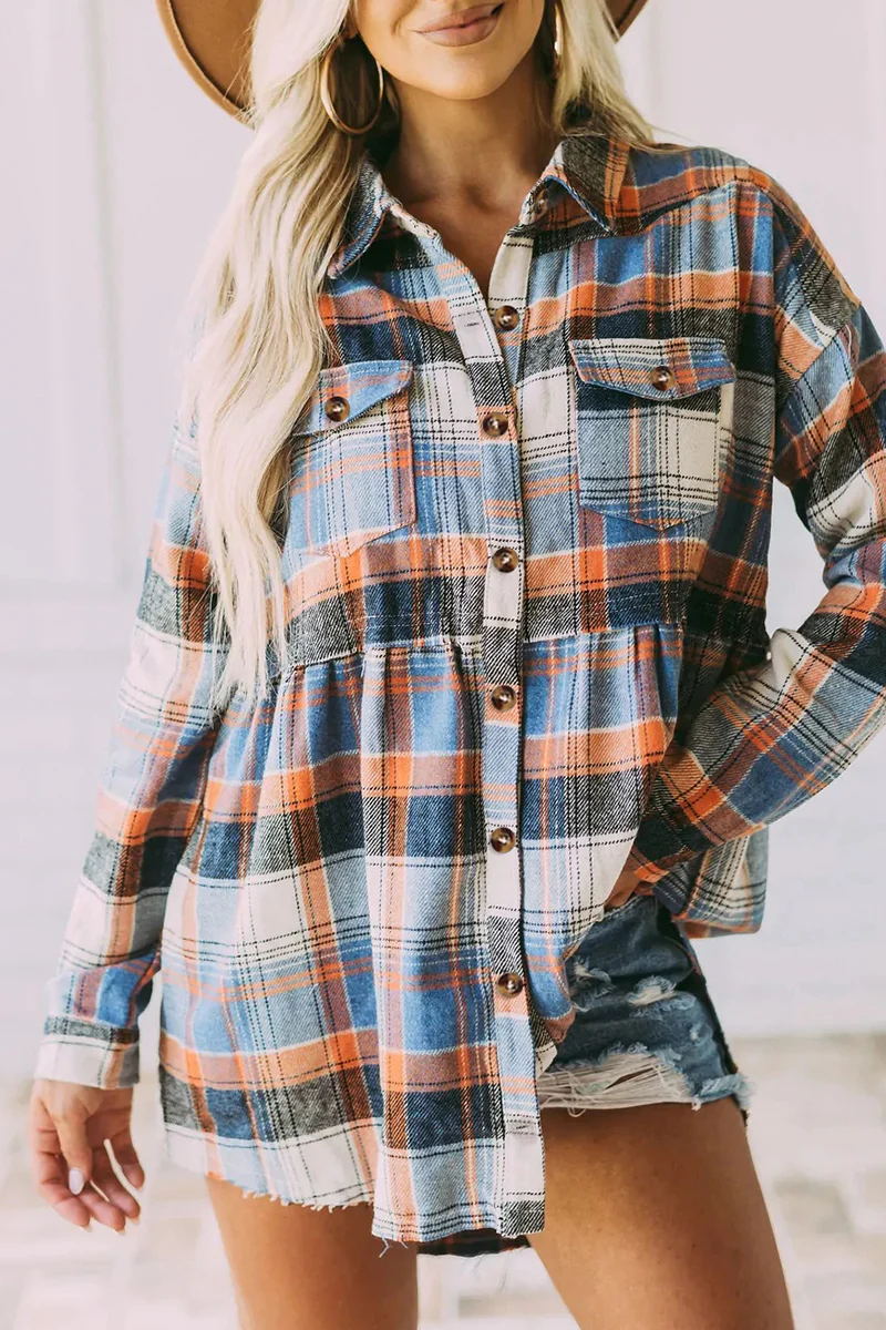 Casual Plaid Buckle Buttons Turndown Collar Blouses(5 Colors) - Panekey