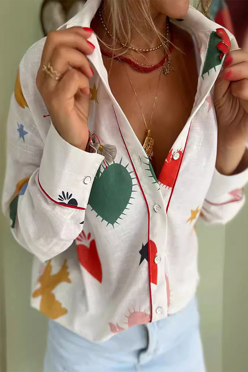 Casual Daily Graffiti Print Buttons Turndown Collar Blouses - Panekey