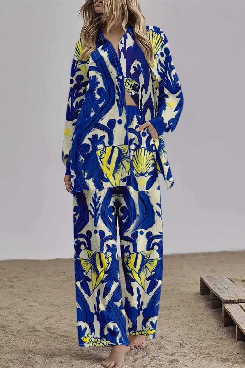 Casual Geometric Not Positioning Printed Pocket Turndown Collar Long Sleeve Two Pieces - Panekey