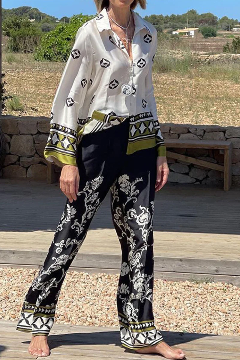 Casual College Print Patchwork Turndown Collar Long Sleeve Two Pieces - Panekey