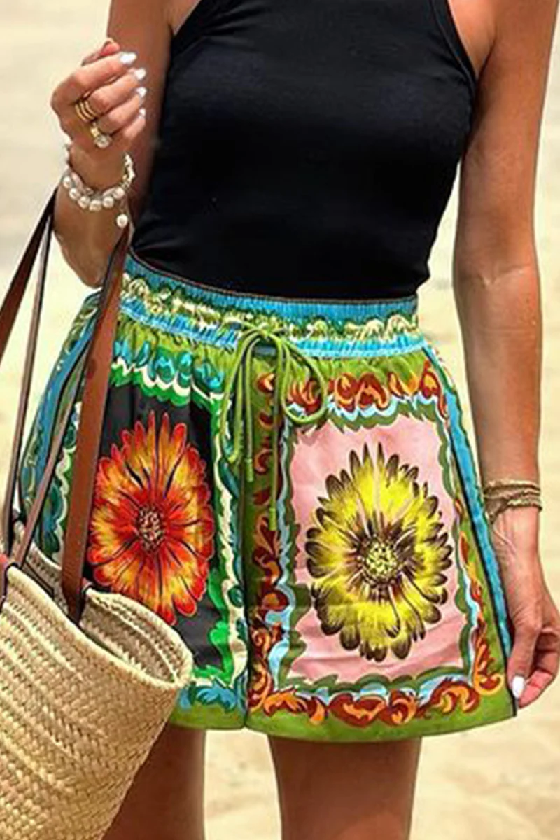 Casual Floral Print Lace Up Loose High Waist Full Print Bottoms - Panekey