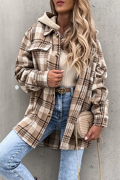 Casual Plaid Patchwork Buckle Hooded Collar Outerwear - Panekey