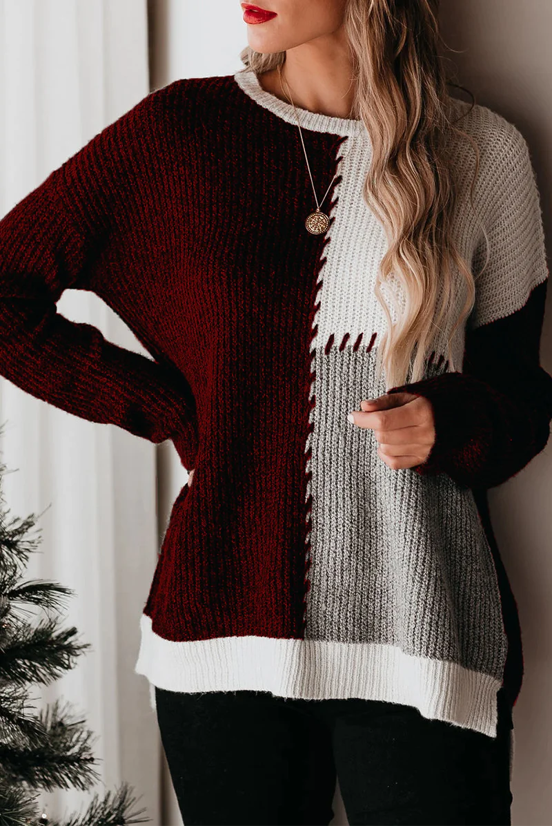 Casual Color Lump Split Joint O Neck Tops - Panekey