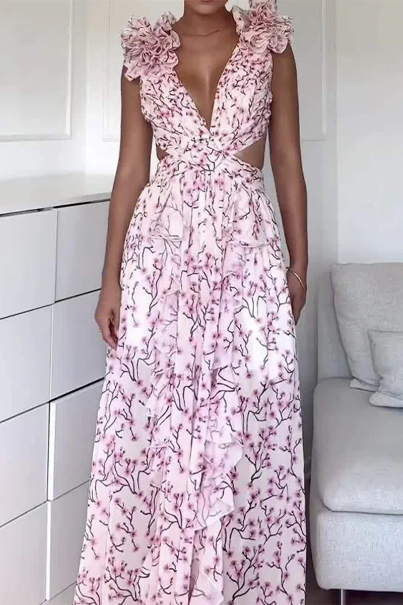 Casual Floral Hollowed Out Fold Stringy Selvedge V Neck Waist Skirt Dresses(3 Colors) - Panekey