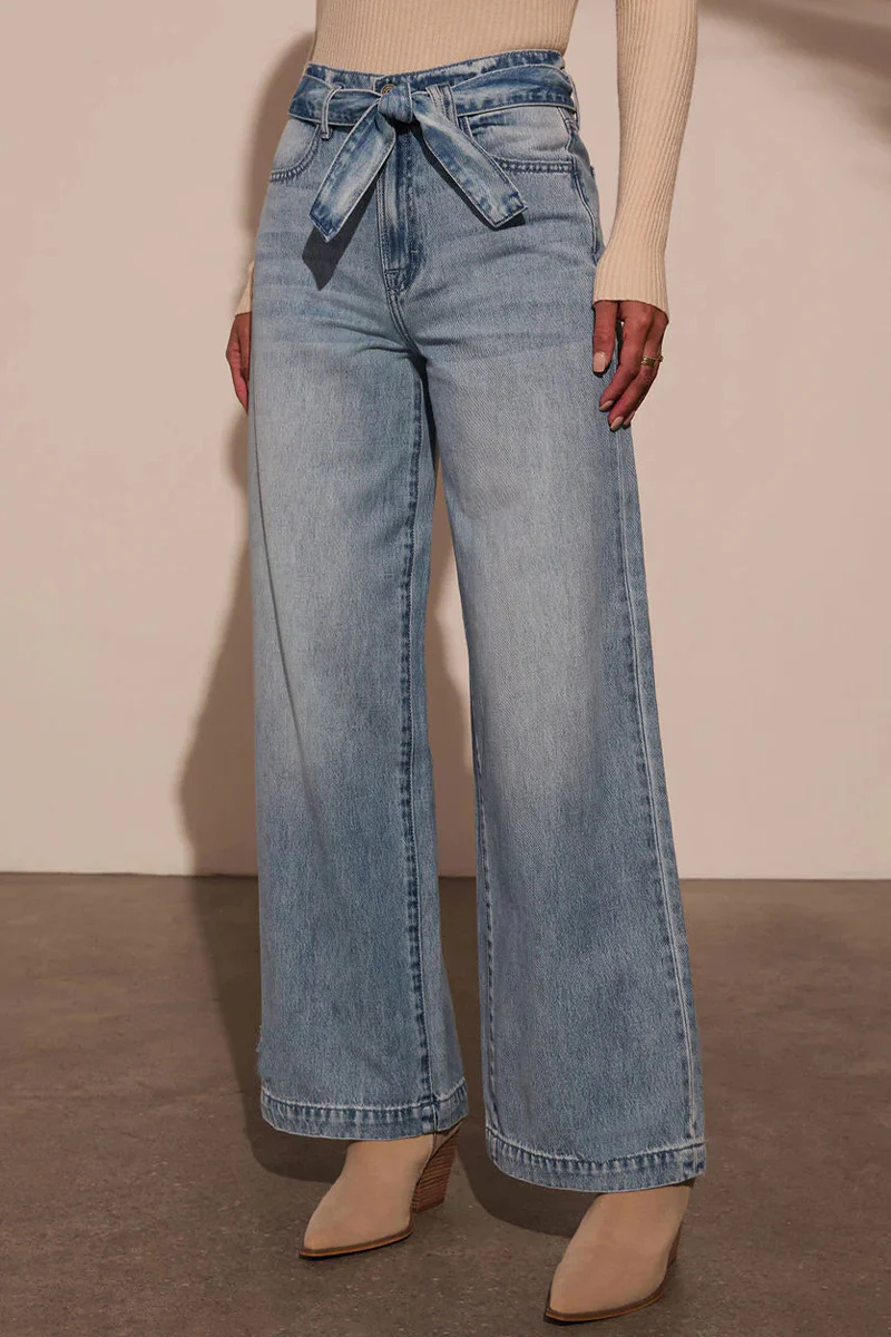 Casual Gradient Color Distressed Lace Up High Waist Loose Denim Jeans - Panekey