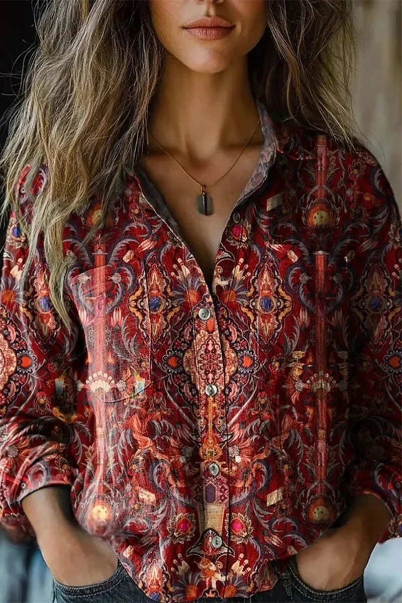 Casual Floral Print Contrast Turndown Collar Blouses(6 Colors) - Panekey