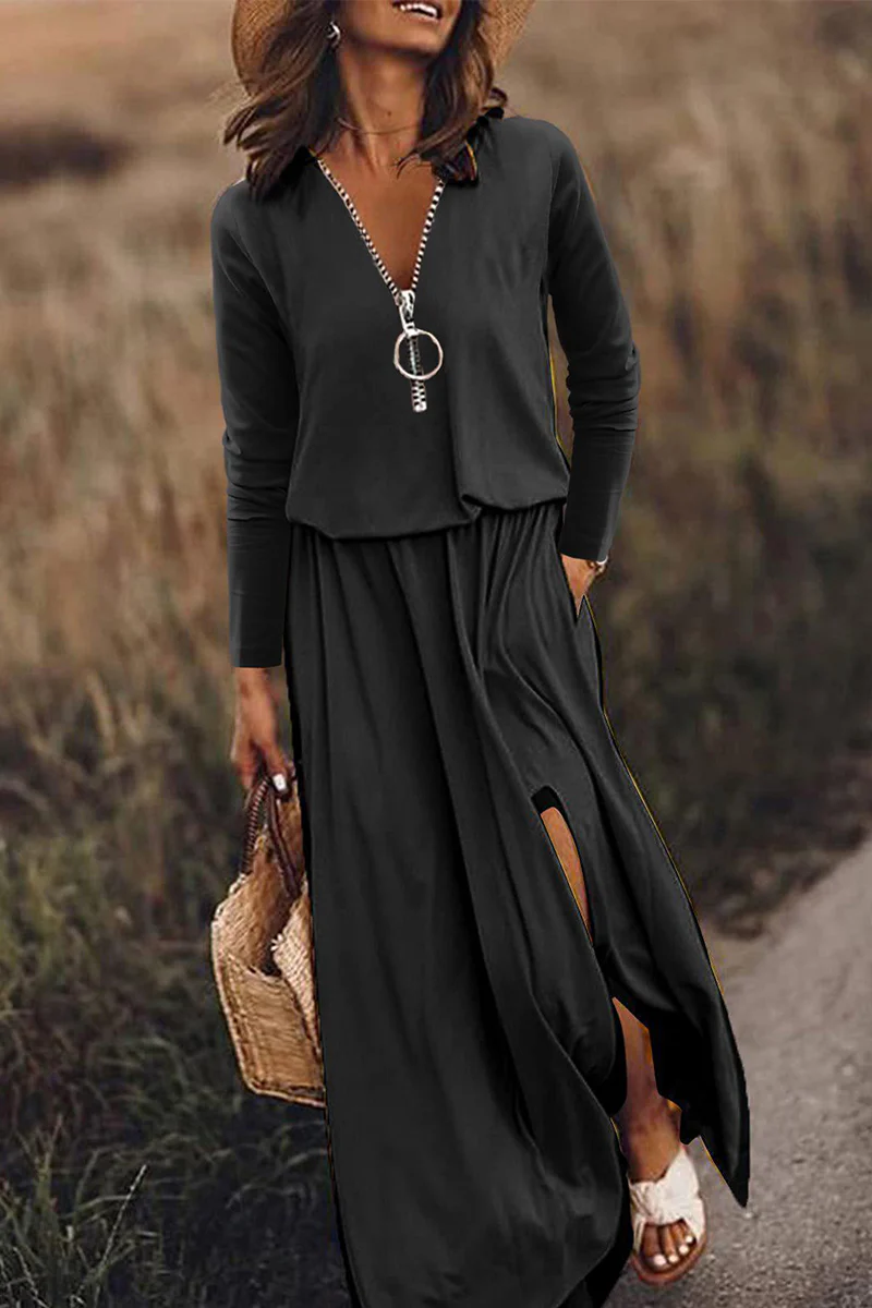 Casual Patchwork Zipper V Neck Irregular Dress Dresses - Panekey