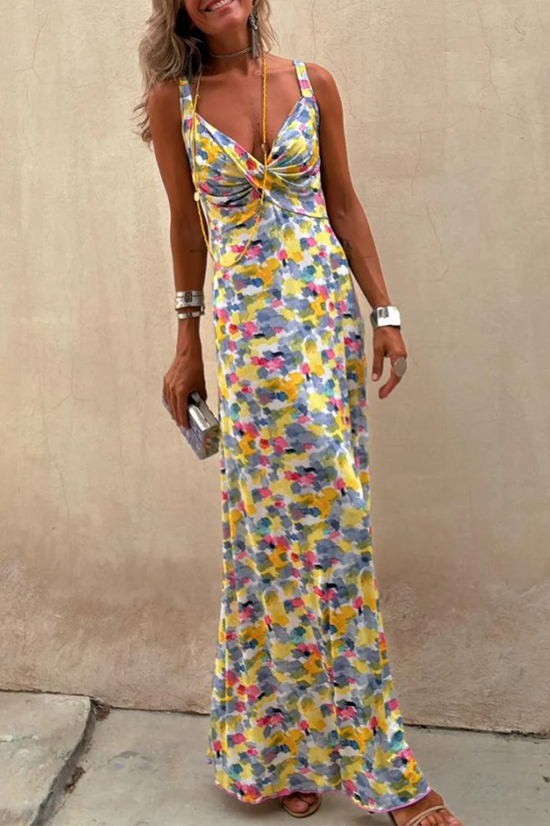 Casual Geometric Print Contrast V Neck One Step Skirt Dresses - Panekey